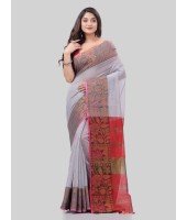 DESH BIDESH Women`s Tant Cotton Silk Handloom Cotton Saree Pushpomala With Blouse Piece(Grey Red)